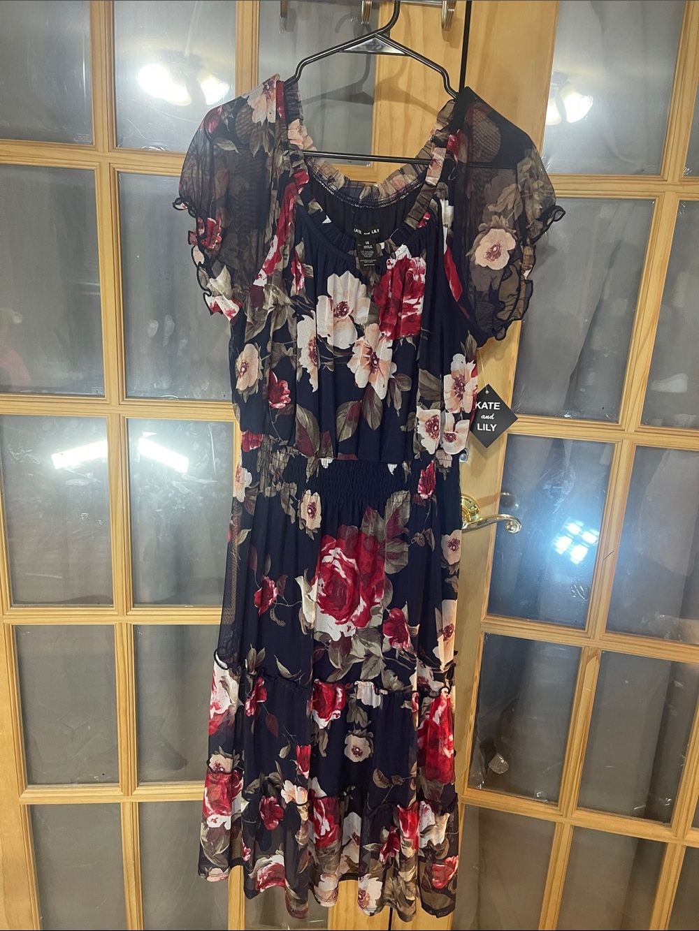 205. Black Floral Midi Dress with Red Blooms